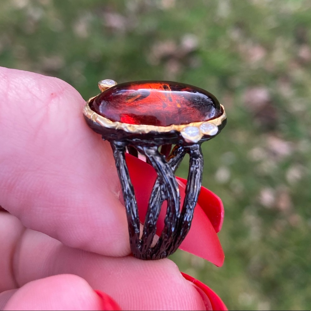 Natural Oval Amber Gemstone Ring Sz 7.75 Silver with Black Rhodium Gold - Picture 8 of 8